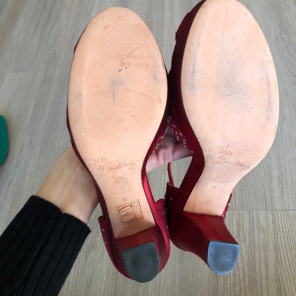 Marchez Vous Red Heels with Rhinestones and Ankle Strap, Size 6 - Picture 8 of 13